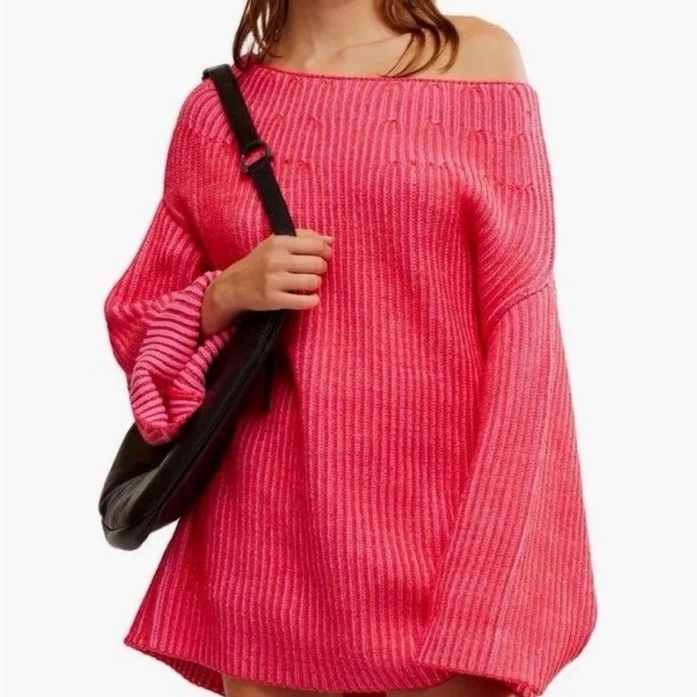 Free People Charlotte Tunic Sweater Womens Sz L Glow Pink Tight Knit Ribbed NWOT